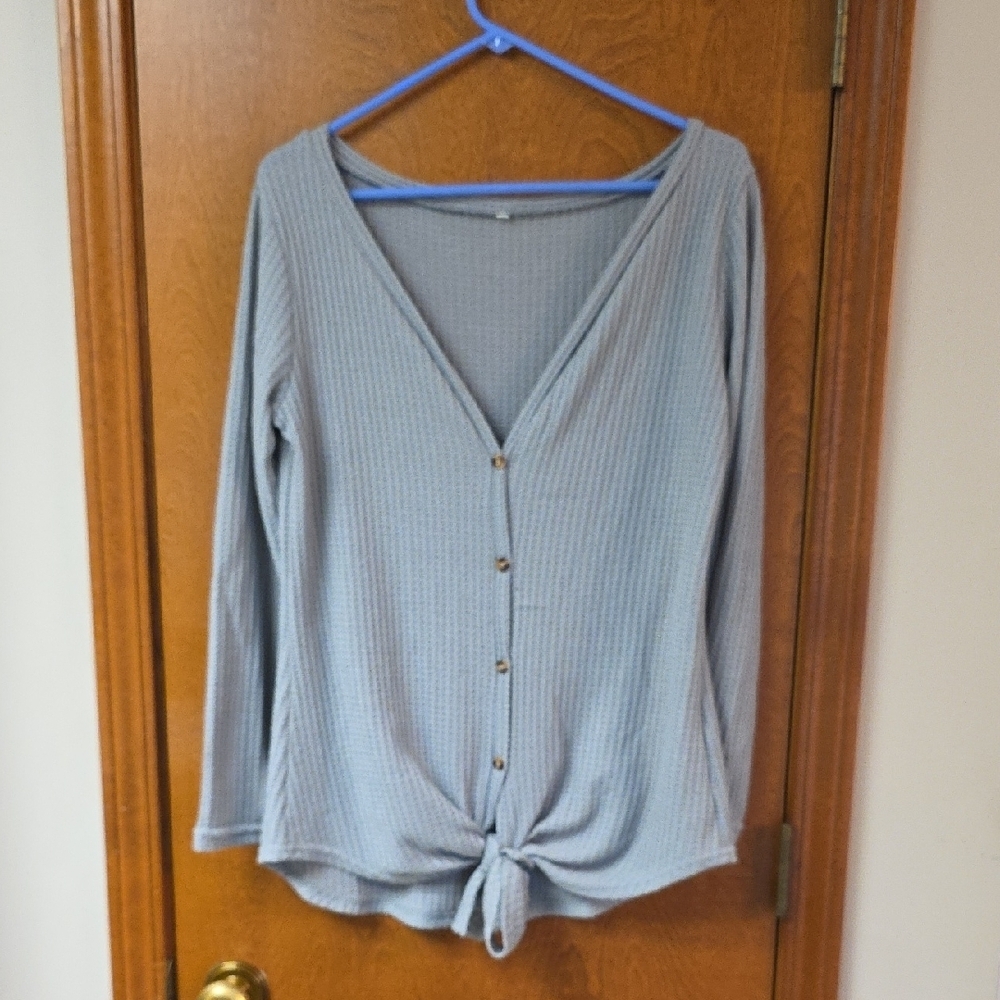 Waffle Knit Front Tie Button Down Gray Med
